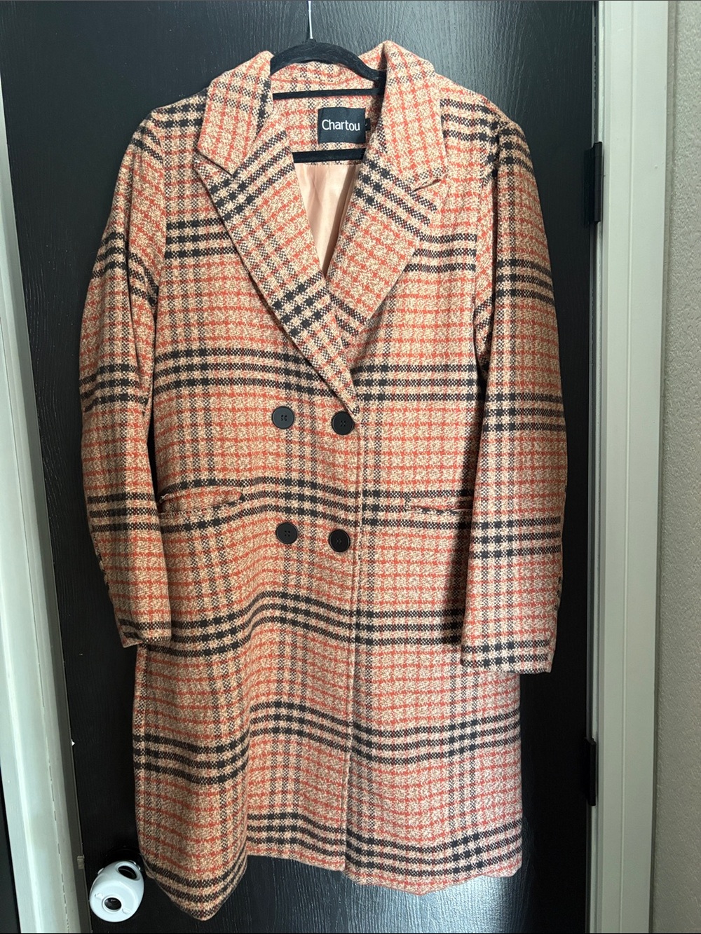 Women's Double-Breasted Plaid Coat in Orange and Black